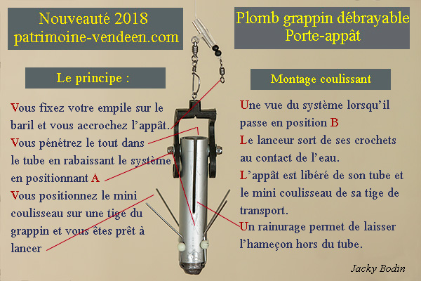 Plan détaillé d’un plomb grappin débrayable avec porte appât à réaliser vous-même, une nouveauté 2018 permettant un montage coulissant pour lancer loin des appâts vivants ou fragiles, styles crevettes, couteaux, vers et autres.